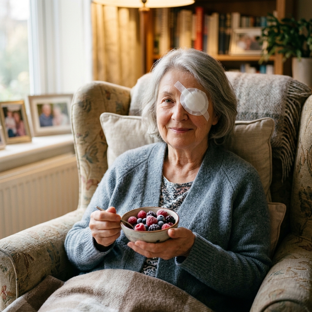 Senior woman recovering from eye surgery with frozen berries